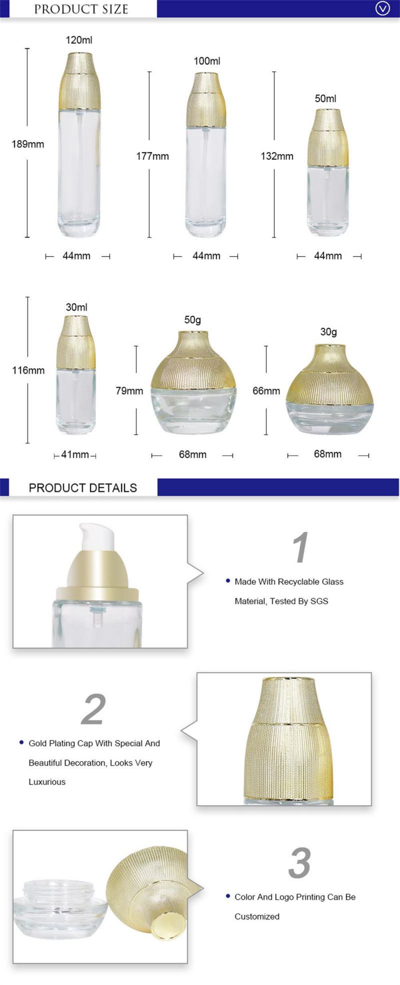 Factory Custom Made Golden Cap 50ml, 100ml, 120ml Clear Glass Containers for Cream