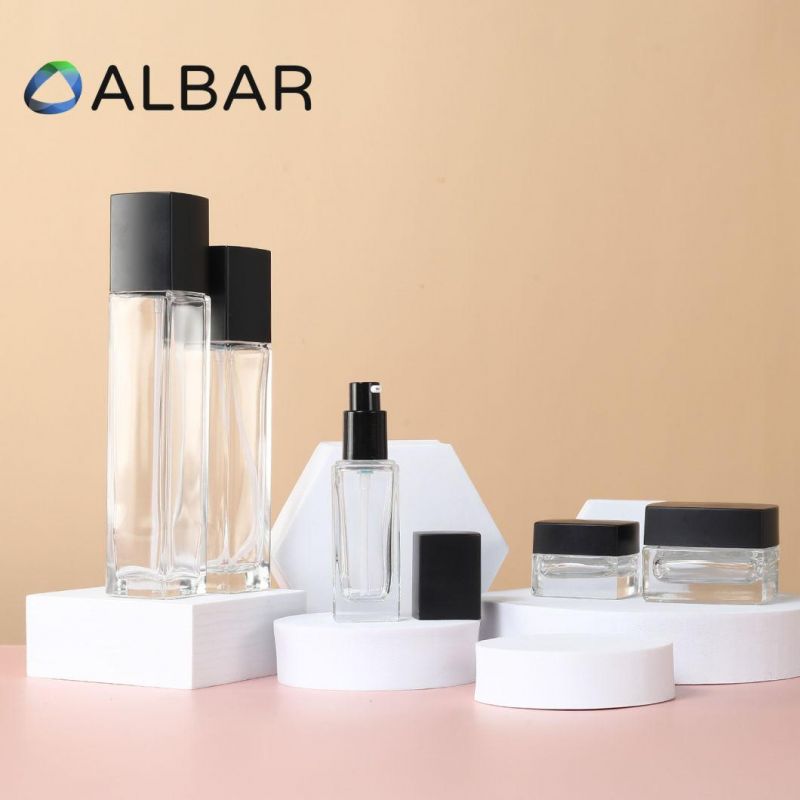 High Quality Cosmetics Square Set Glass Bottles with Black Caps and Press Pumps