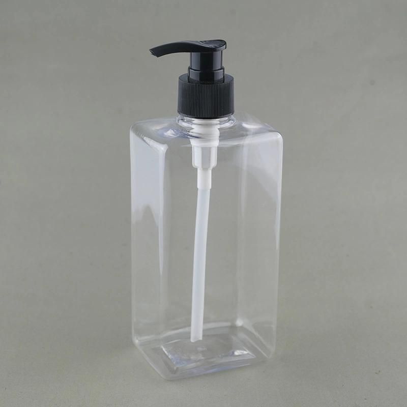 Hot Sale Ready-Made/ Custom 16oz 500ml Transparent Plastic Pet Square Lotion Bottle Packaging Bottle with Black Lotion Pump, China Manufacturer.