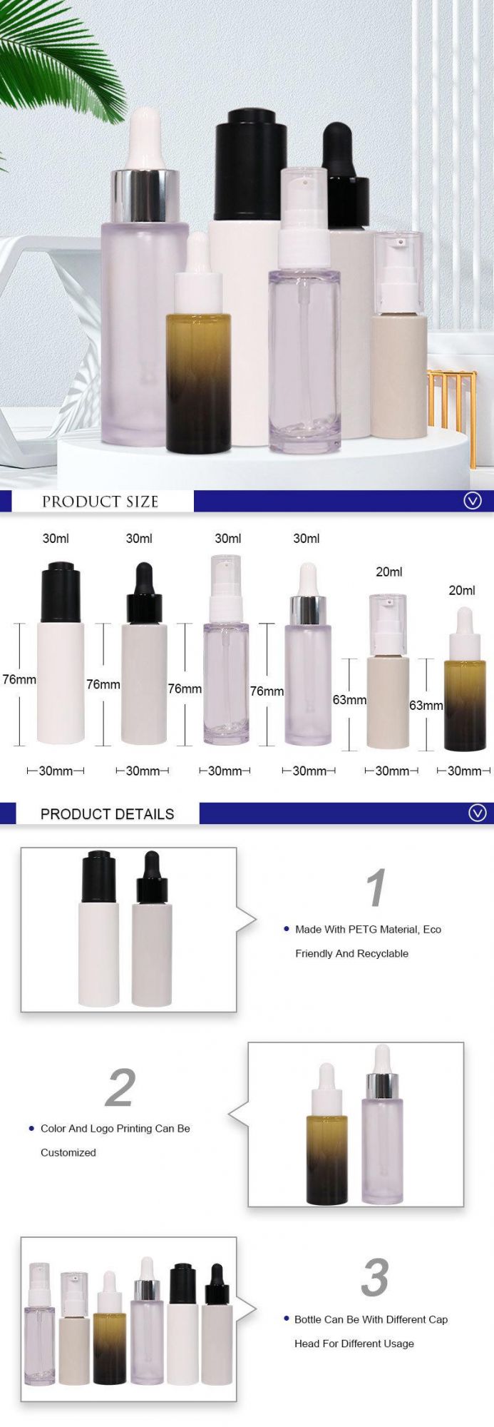 20ml 30ml Round Essential Oil Cosmetic Packaging Lotion Pump Serum Bottle PETG Plastic Dropper Bottle