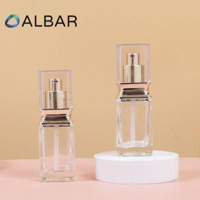 Clear and Light Gold Cap Liquid Foundation Glass Bottles in Square Frosted