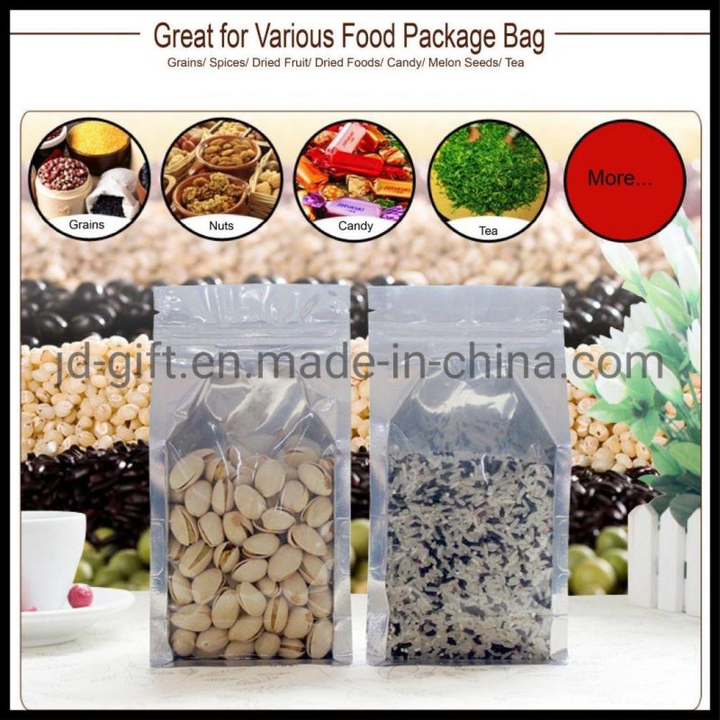 Wholesale Food Packaging Silver/Clear Square Bottom Gusseted Bags with Zip Lock for Food Dried Nuts Fruit Packing