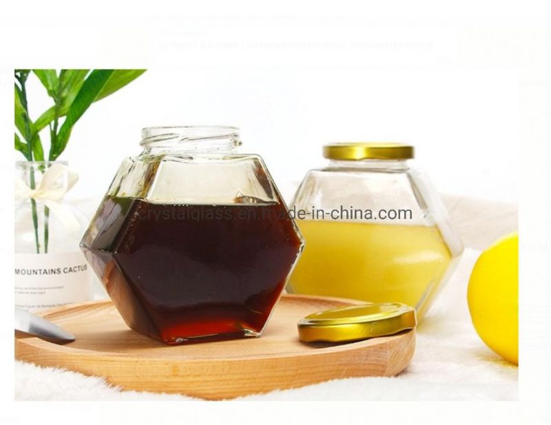 Wholesale Hexagonal Glass Bottle Honey Jars Food Storage Jar with Metal Cap 100/180/280/380ml