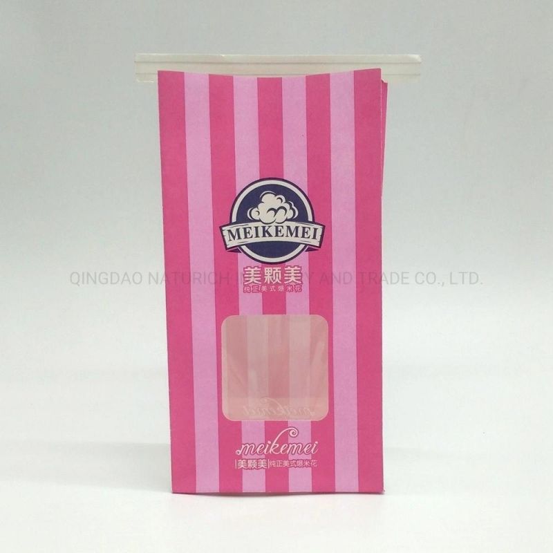 Side Gusset Custom Printed Food Grade Packaging Kraft Paper Popcorn Bags with Tin Tie and Clear Window