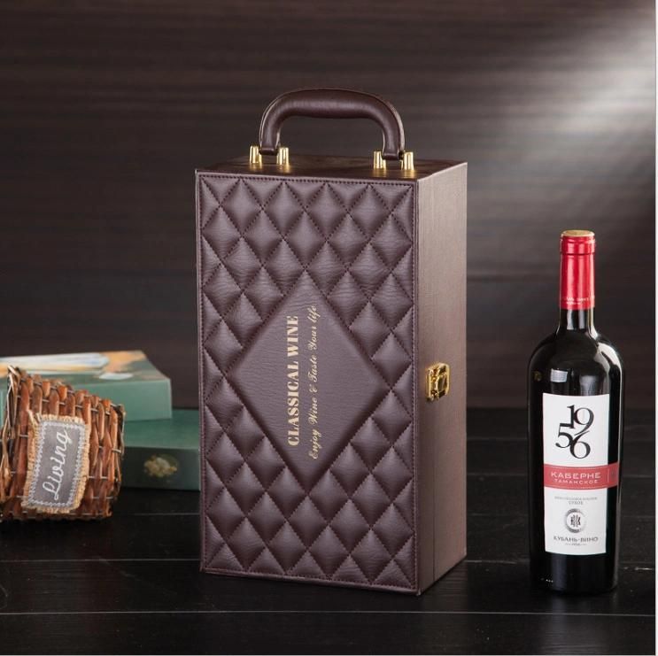 Custom Wholesale Packing Printed Handle Portable Embossed Bronzing Laser Luxury PU Leather Wooden Glass Wine Whisky Bottle Packaging Liquor Gift Box Printing