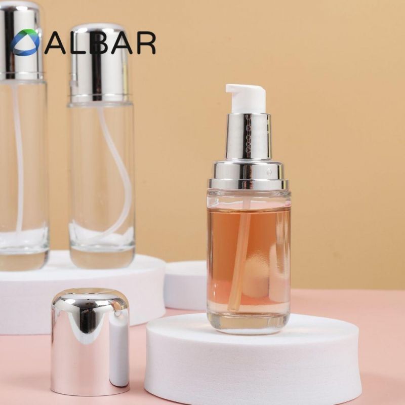 Thick Bottom Clear Crystal Packing Glass Bottles with Silver Caps Press Pumps