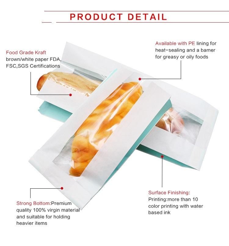 Wholesale Printing Paper French Long Bread Baguette Packaging Bag with Window for Food Grade Paper French Bakery Bread Bag