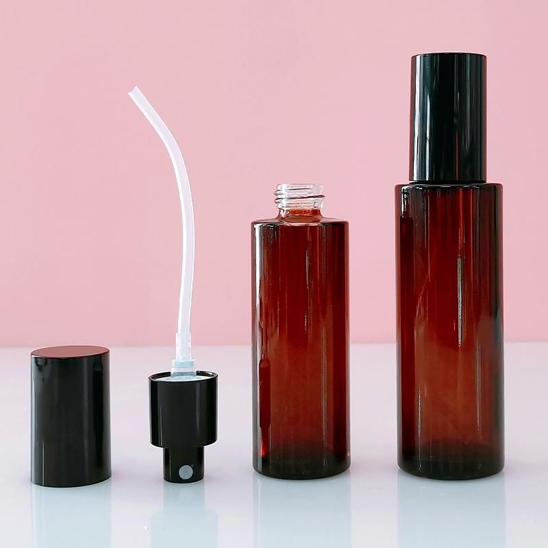 Flat Shoulder 60ml 80ml Cosmetic Amber Cylinder Glass Spray Bottle