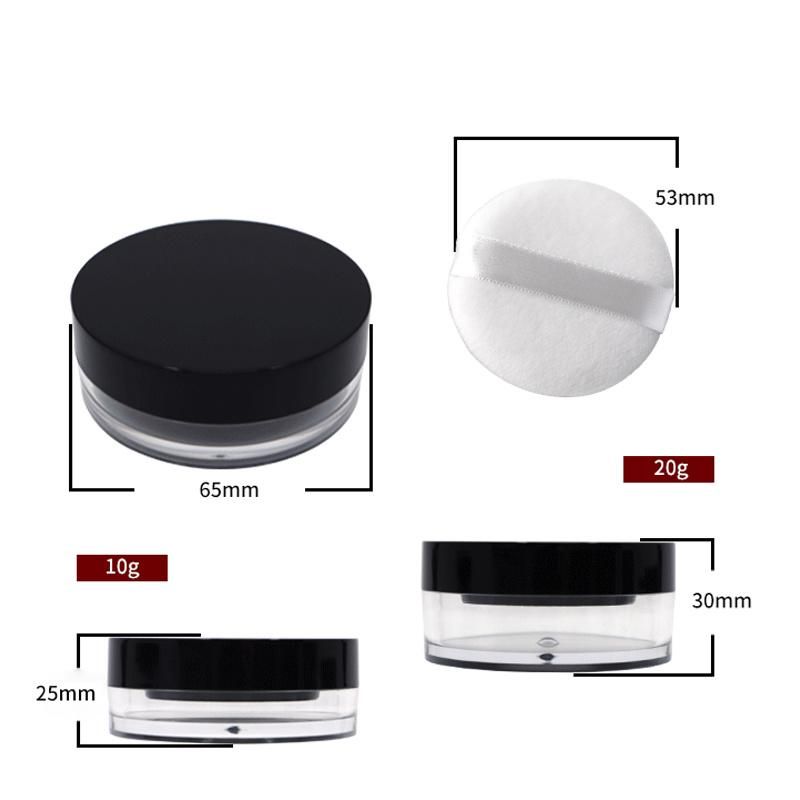 Hot Sell Product Black Makeup Packaging Custom Logo Plastic Empty Round Transparent Loose Powder Jar with Sifter and Puff