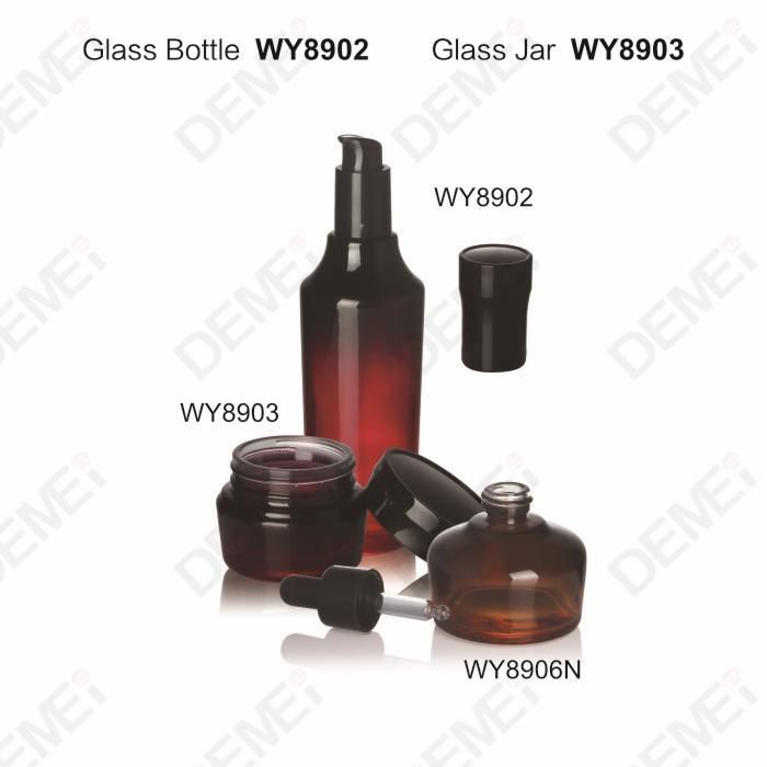 35/40/60/100/120ml 30/50g Cosmetic Skin Care Packaging Black Red Toner Lotion Glass Dropper Bottle and Cream Jar with Black Slim Cap