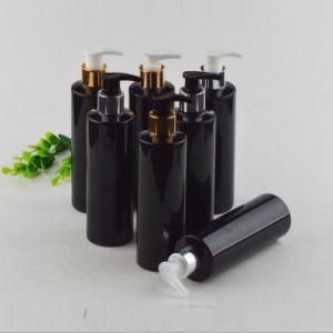 8oz Pet Plastic Flat Shoulder Shiny Black Gold and Silver Lotion Pump Shampoo Bottle