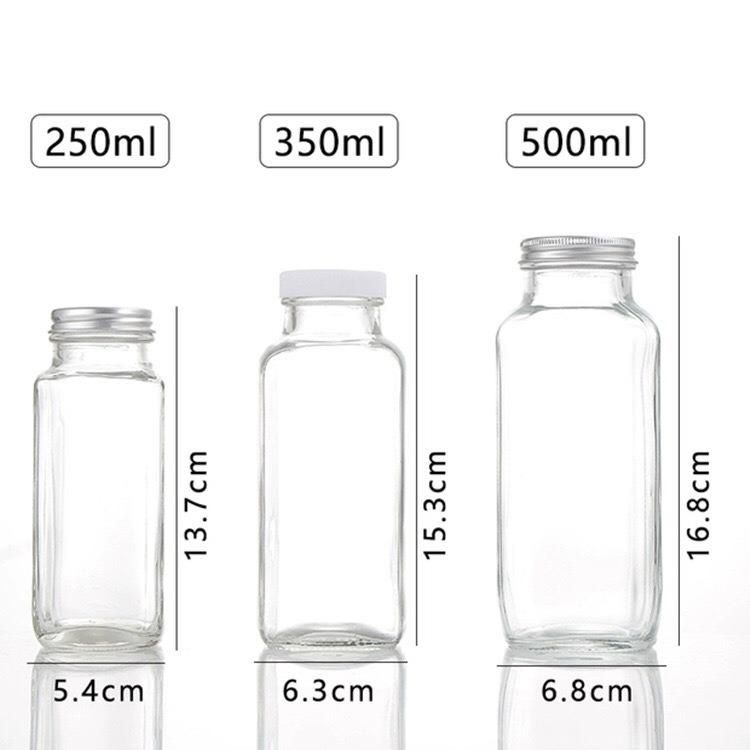 Cold Pressed Juice 250ml 300ml 500ml 16oz Clear French Square Milk Beverage Glass Bottles with Plastic Screw Cap