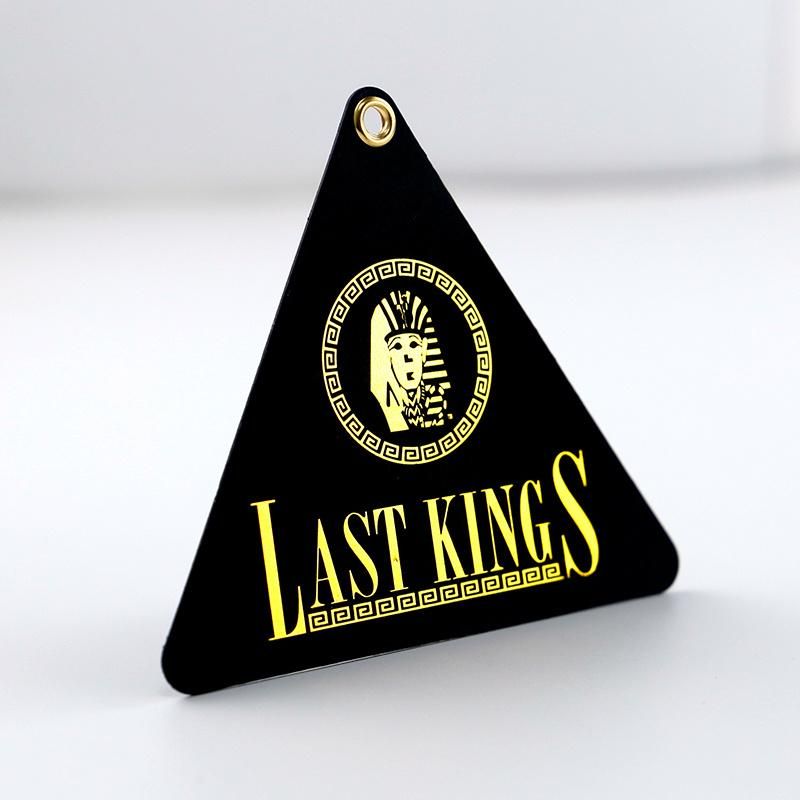 Custom High Quality Hot Stamping Triangle Black Paper Hang Tag with Eyelet