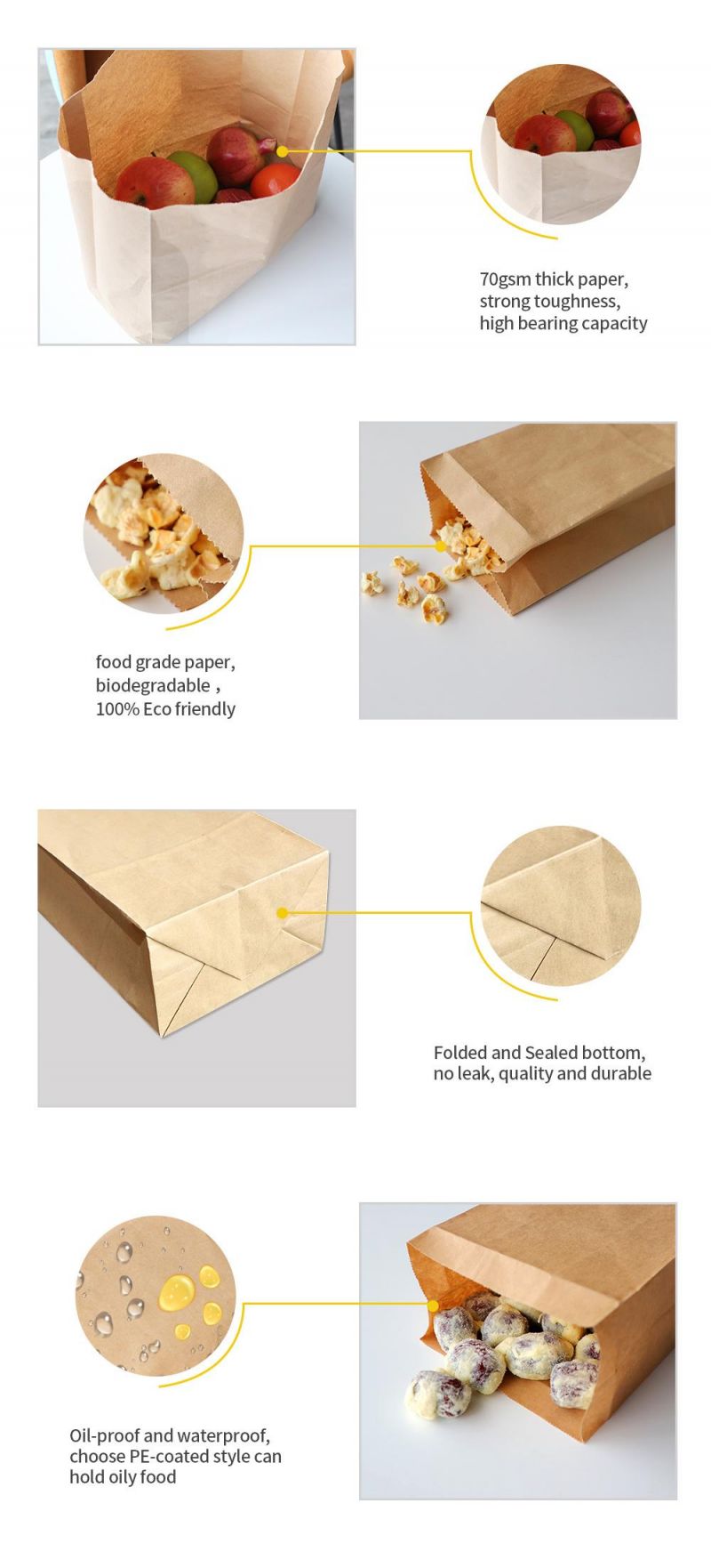 Fast Food Kraft Square Bottom Food Packaging Paper Bag