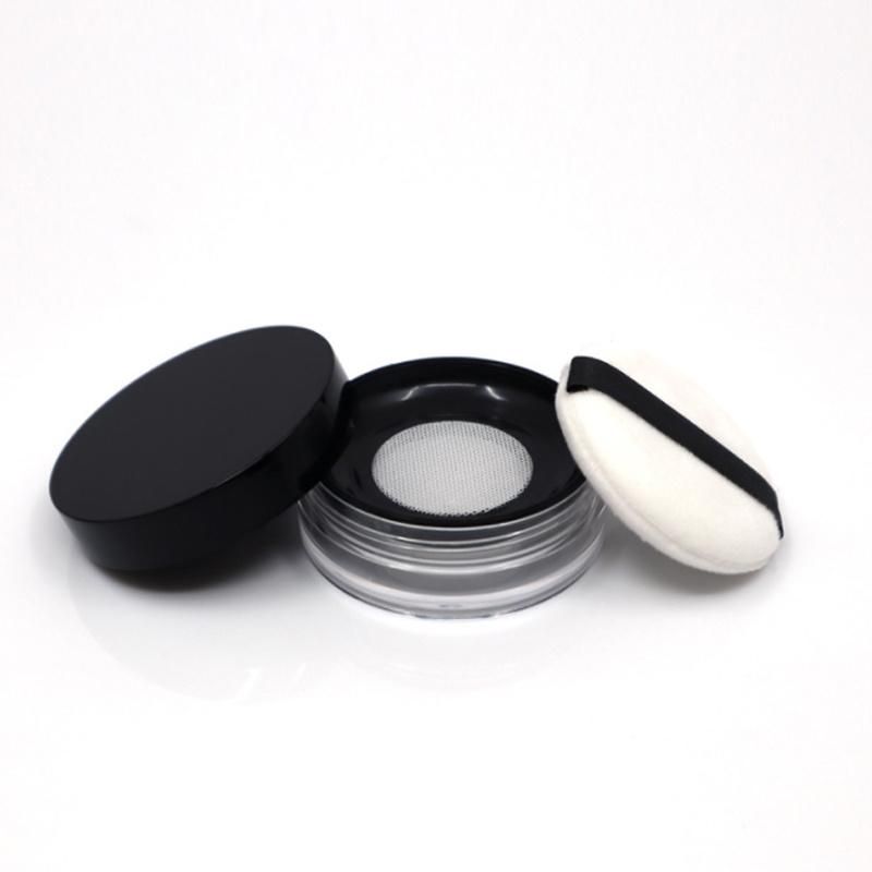 Hot Sell Product Black Makeup Packaging Custom Logo Plastic Empty Round Transparent Loose Powder Jar with Sifter and Puff