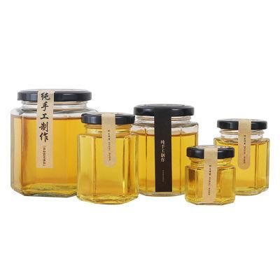 Fancy Cheap Metal Rose Gold Black Lid 280ml Glass Hexagon Honey Jars