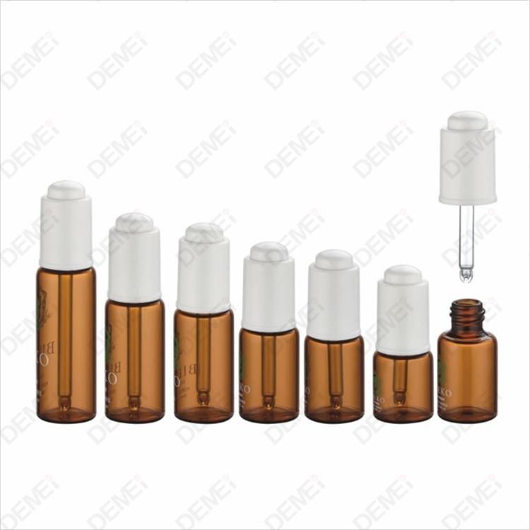 5ml-20ml Wholesale Cosmetic Packaging D20.5mm Stright Round Clear and Amber Serum Essential Oil Tube Glass Bottle with Gold Aluminum Press Button Dropper Cap