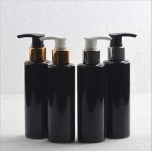 150ml Pet Plastic Flat Shoulder Black Color Cosmetic Shower Gel Shampoo Bottle with Gold and Silver Lotion Pump