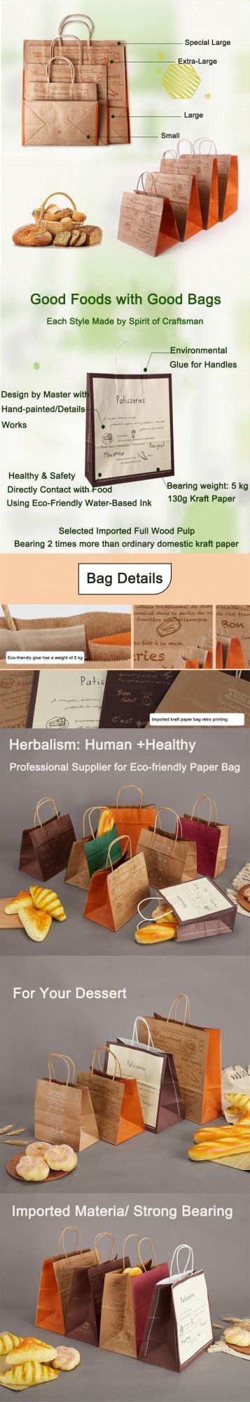 Wholesale Takeout Baking Kraft Portable Paper Packing Bags for Food /Burger/Sushi