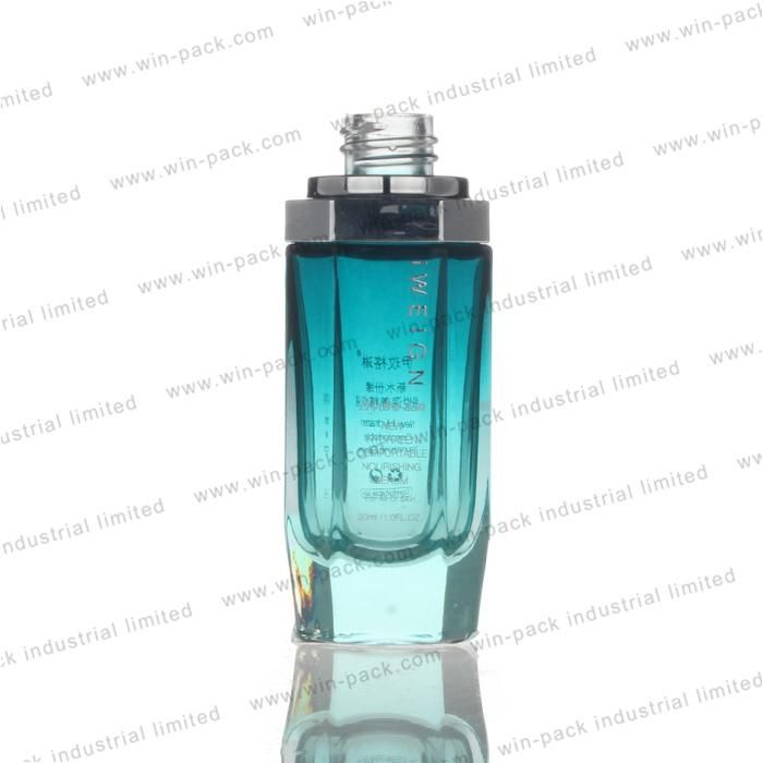 Transparent Gradient Blue Color Polyhedral Dropper Container Alum Collar 30ml Luxury Shiny Silver Dropper Serum Bottle