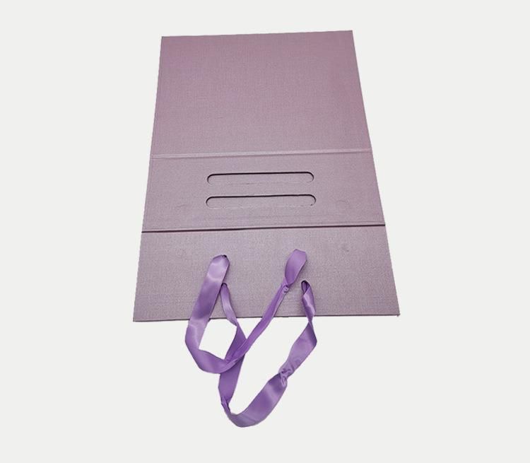 Wholesale Purple Color Small Size Paper Ribbon Handbag for Food Garments Whosale Lingerie Perfume Packaging Paper Foldable Hang Bag Packing Wedding Favour Boxes