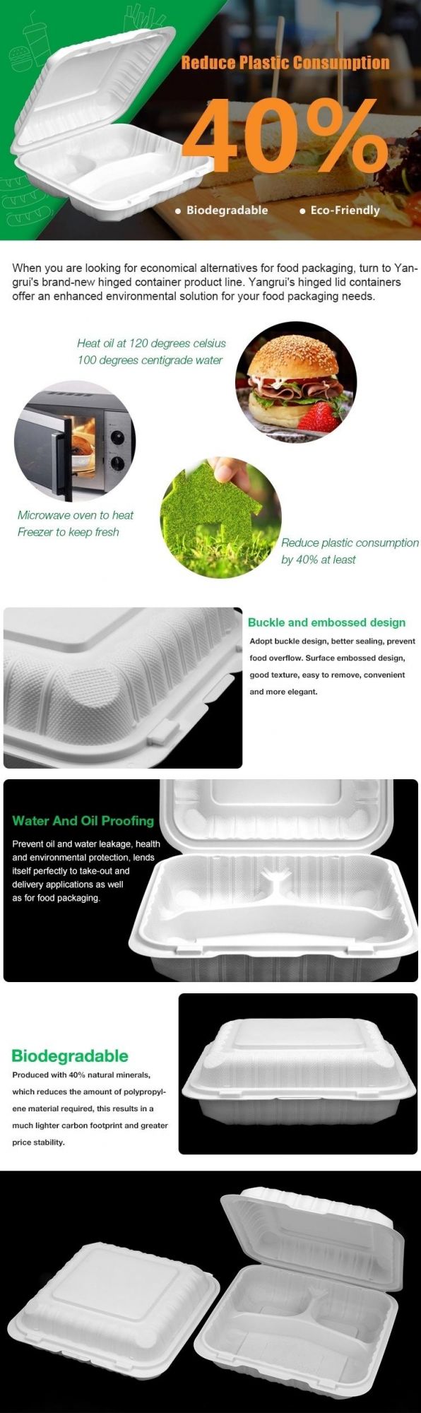 biodegradable plastic cornstarch disposable food container, burger box