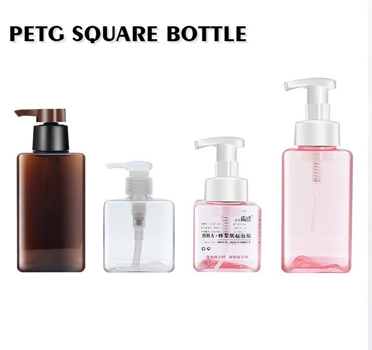 Clear Square PETG Plastic Cosmetic Packaging Face Wash Dispenser Hand Soap Shampoo Bottle with Foam Pump