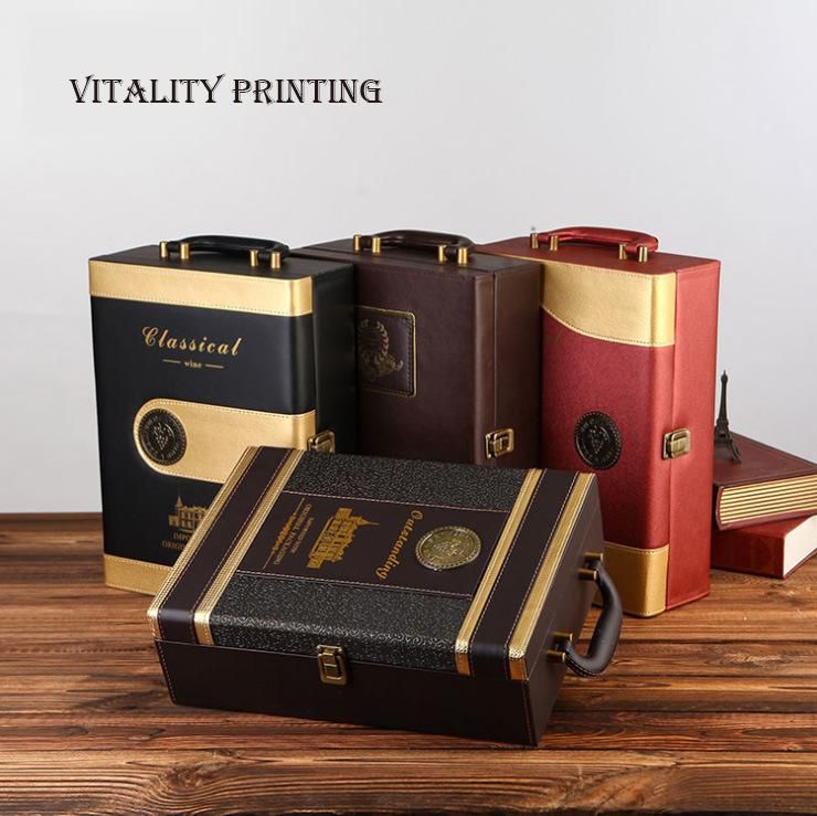 Custom Wholesale Embossed Handle Portable Hot Stamping Heat Transfer Wooden PU Leather Wine Gift Packaging Rum Brandy Gin Vermouth Whisky Liquor Packing Box