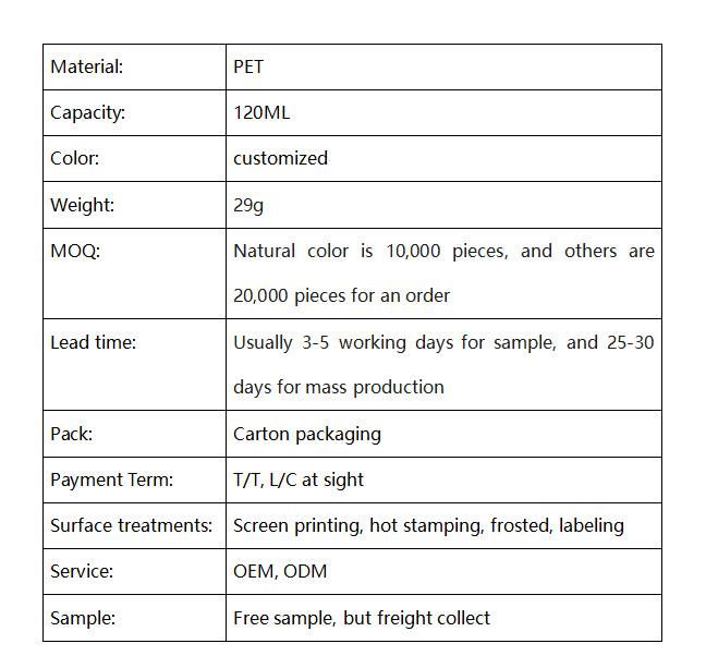 Plastic Packaging 120g Pet Cosmetic Plastic Jar