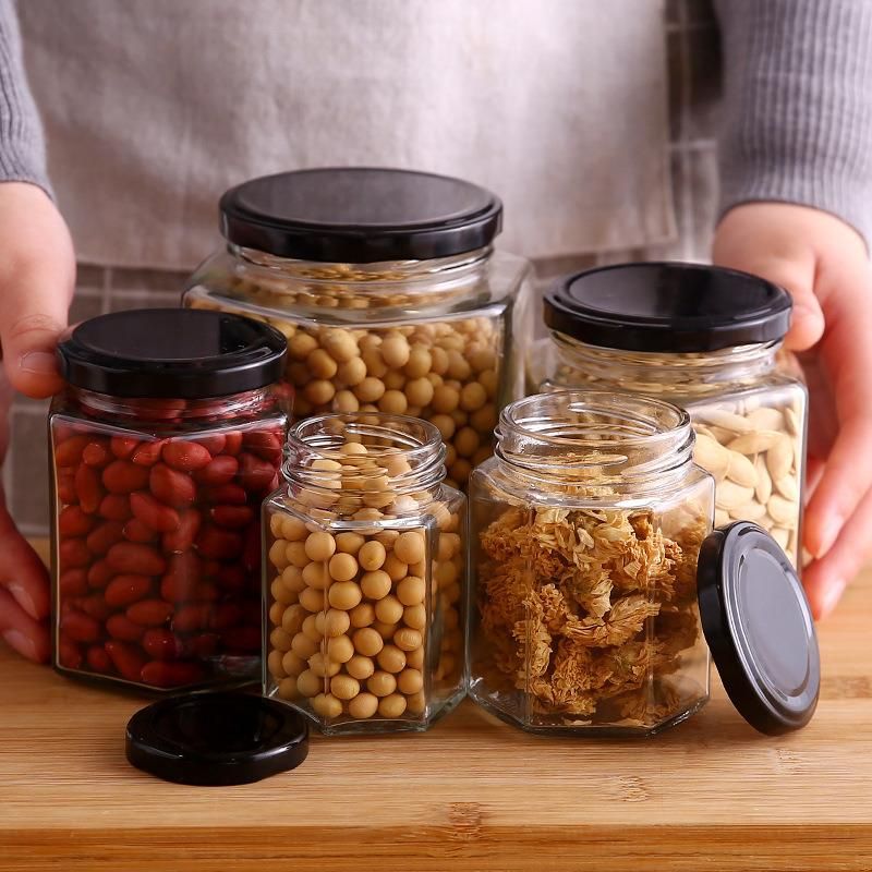 High Quality Jam Jar Honey Bottle Containers Honey Jars Glass Hexagonal with Screw Metal Lids