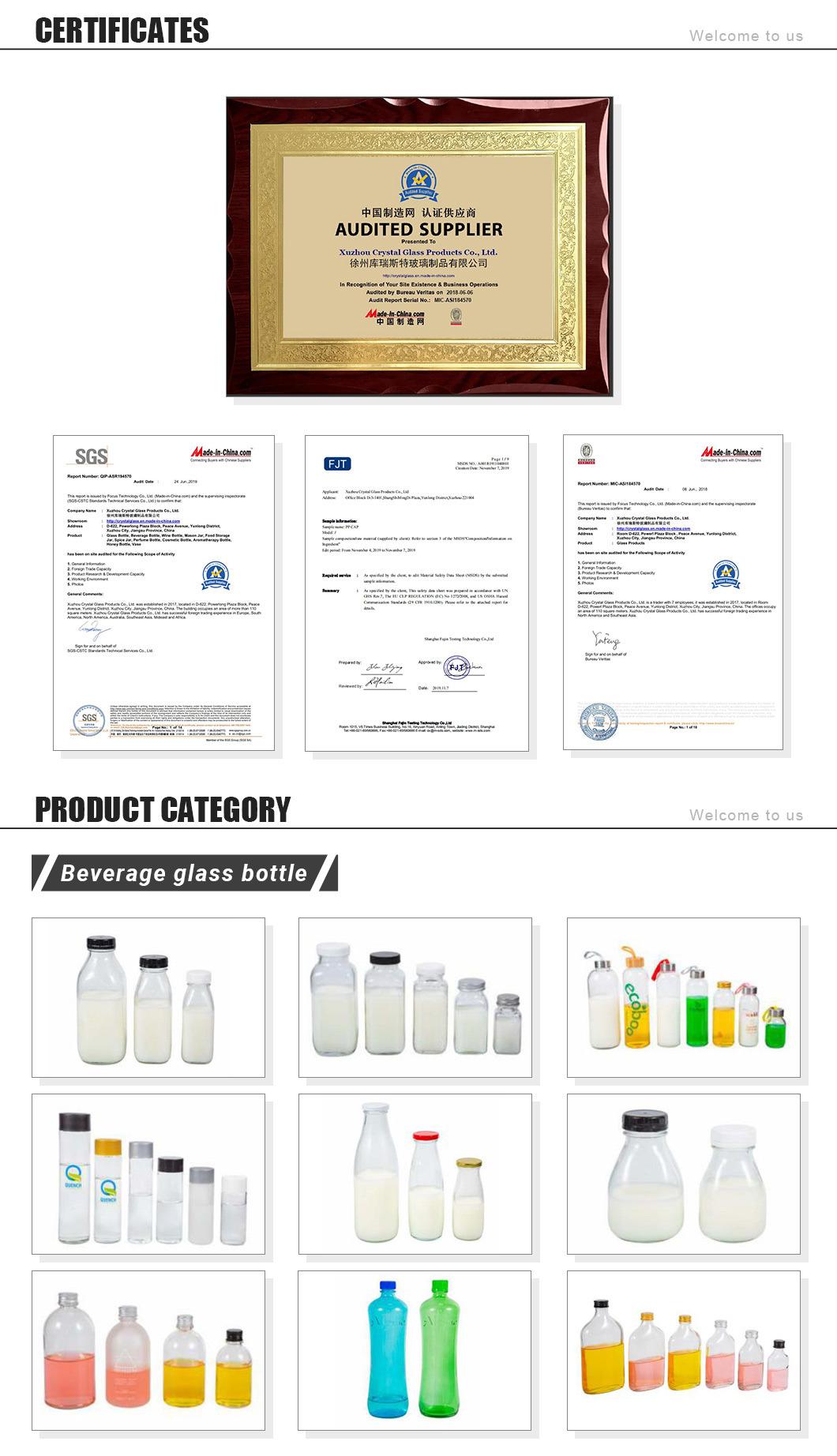 French Square Glass Bottle for Beverage/Fruit Juice/ Milk /Water 950ml 500ml 300ml 250ml