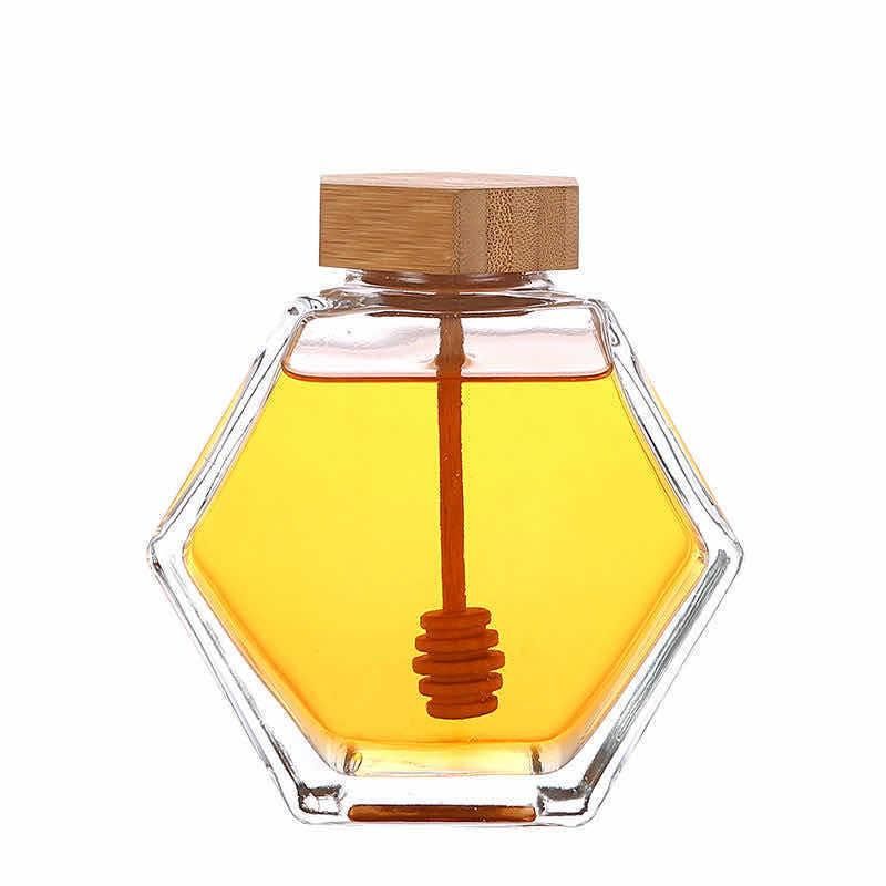 250g 500g Clear Empty Storage Hexagon Honey Glass Bottle with Wooden Cap and Dipper