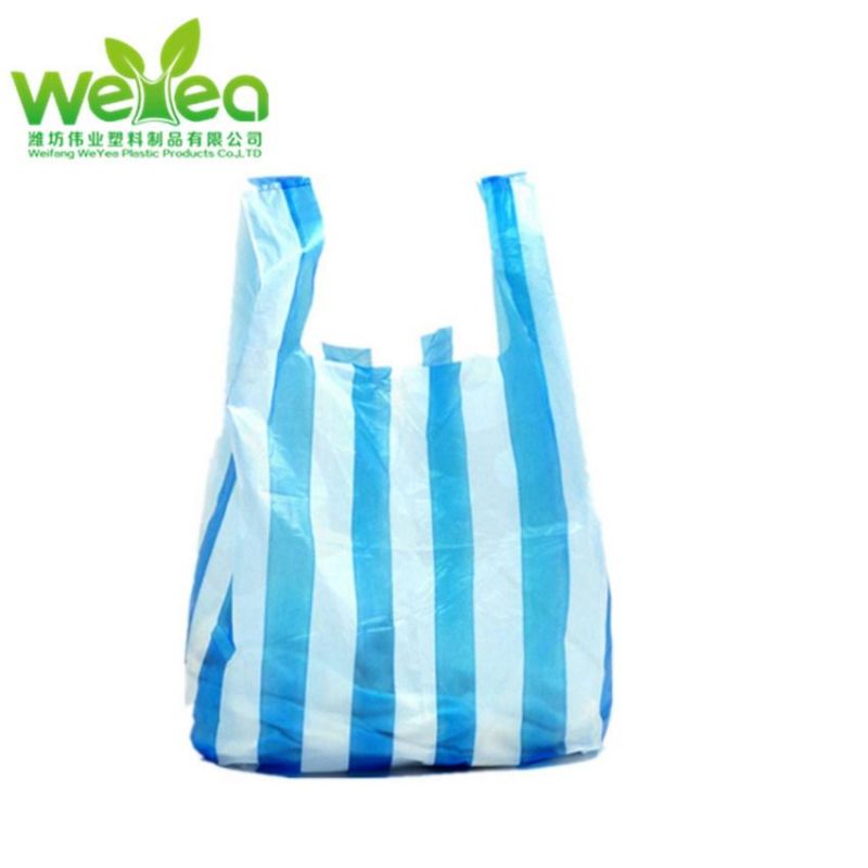 Cheap Biodegradable White&Blue Stripped T Shirt Bags Plastic Products