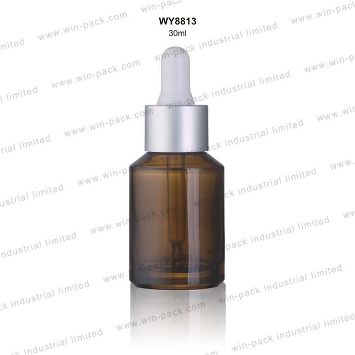 Winpack Cosmetic Shiny Silver Color Amber Glass Dropper Bottle for Oil Package 30ml 1 Oz Custom Amber Glass Dropper Bottle Packaging Container with Pipette