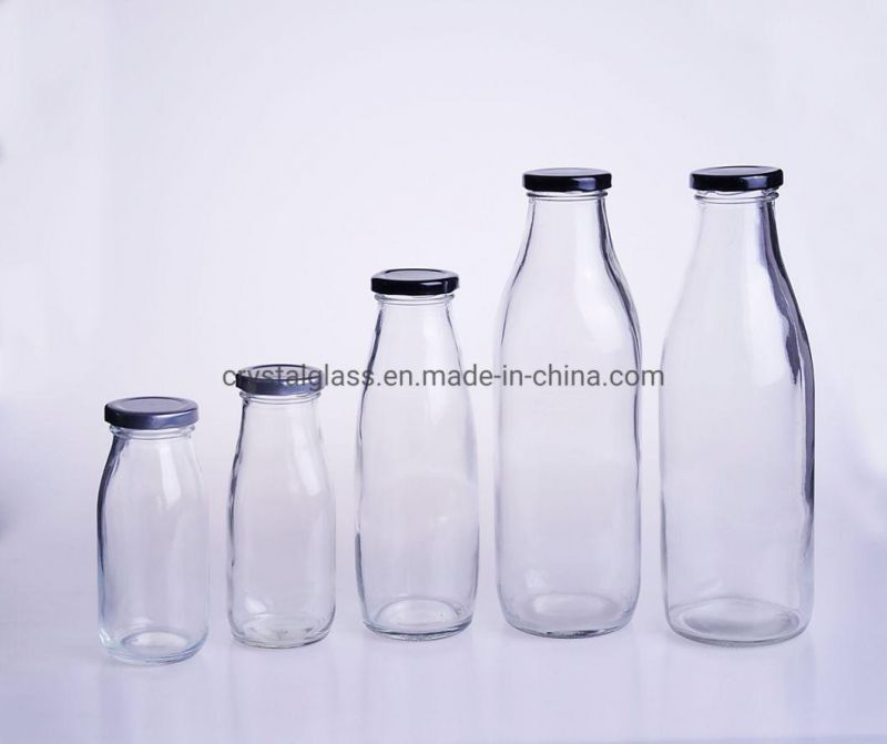 250ml 300ml 500ml 1000ml Clear Empty Glass Fresh Milk Juice Beverage Bottle with Metal Lids