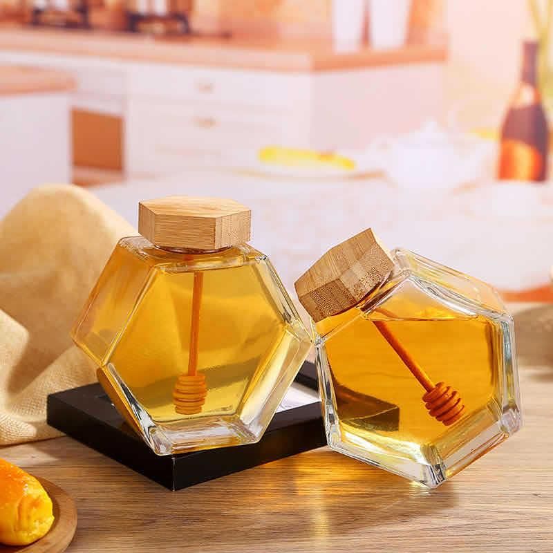 100ml 220ml 280ml Clear Empty Storage Hexagon Honey Bottle with Wooden Dropper