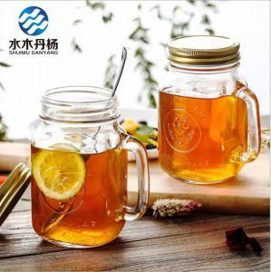 Wholesale 500ml 16oz Clear Embossed Logo Mason Glass Jar with Handle