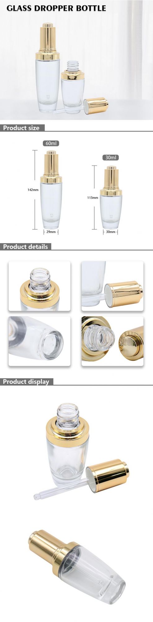 30ml 60ml Empty Clear Glass Dropper Bottle with Gold Pump