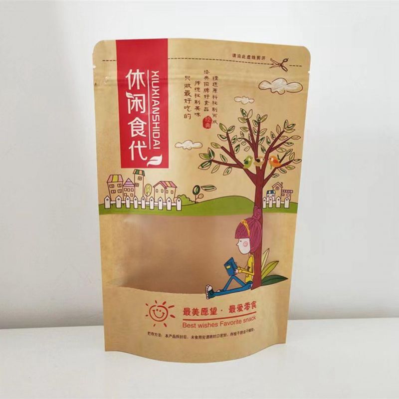 Digital Printing Eco-Friendly Food Container Kraft Paper Bag with Window and Zipper