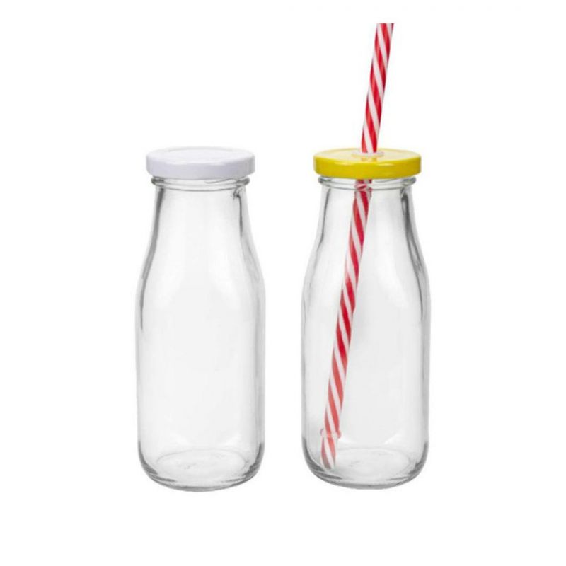 300ml Glass Milk Bottle Square-Round Tinplate Lid and Straw