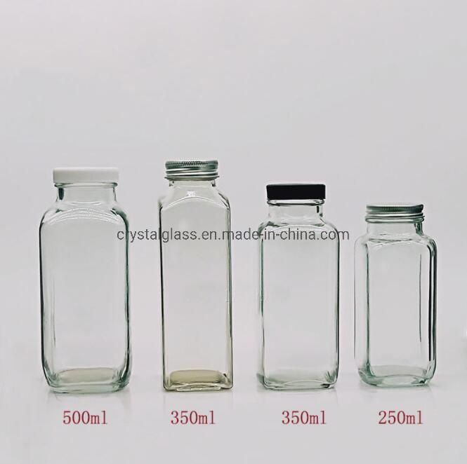 8oz 16oz Clear Square Juice Glass Bottles for Kombucha Tea Soft Drinking with Plastic Cap