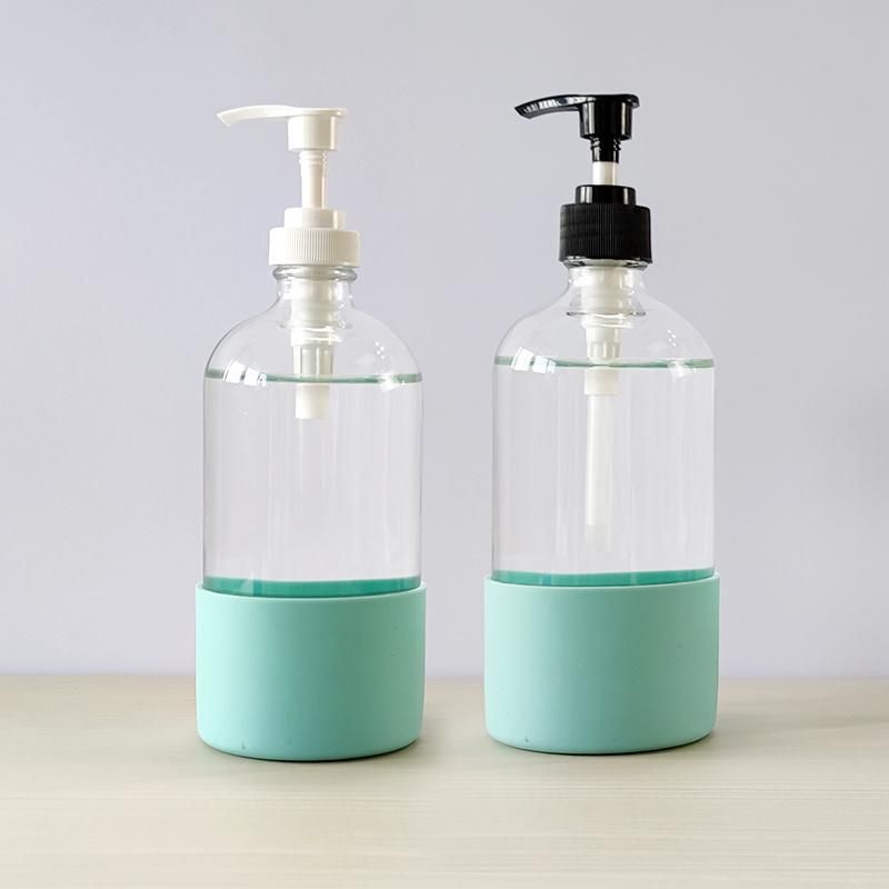 Custom 500 Ml 16 Oz Amber Hand Sanitizer Dispenser Soap Glass Pump Bottle with Silicone Sleeve