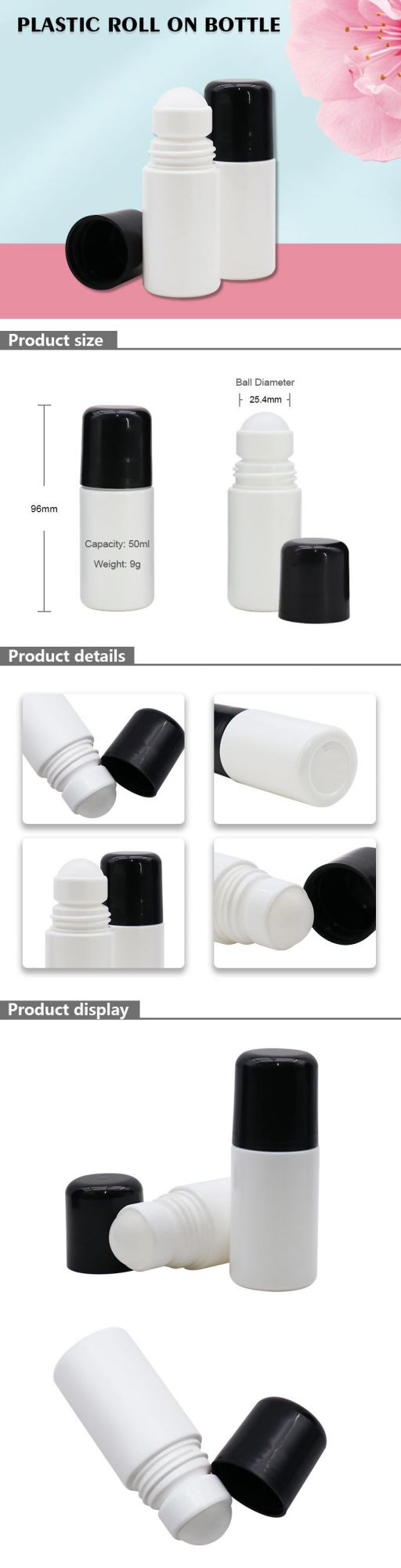 Mini Empty Cosmetic Packaging 50ml Plastic Roll on Bottle with Black Cover