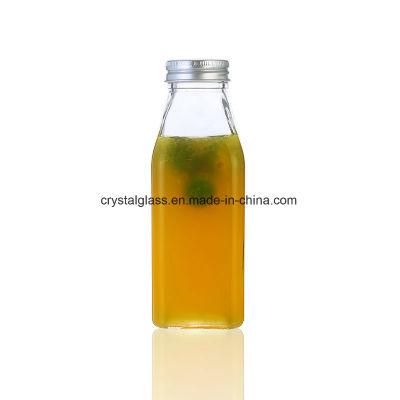 Fruit Juice Ice Tea Square Glass Bottle with Metal Lids 350ml 330ml