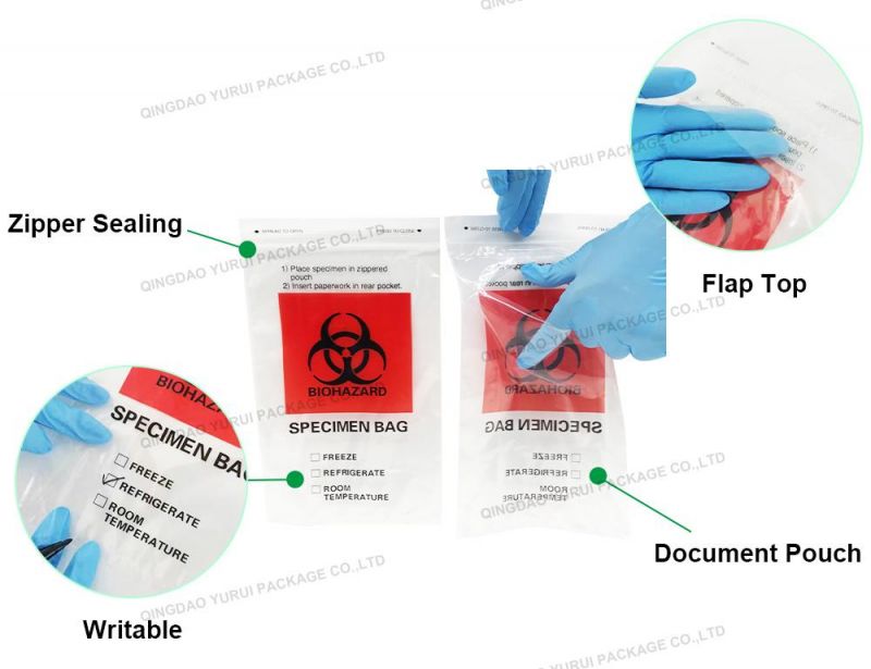 Medical Use Lab Hospital Self Adhesive Seal Packaging 3 Layers Plastic Bag LDPE Transportation Specimen Biohazard Bags