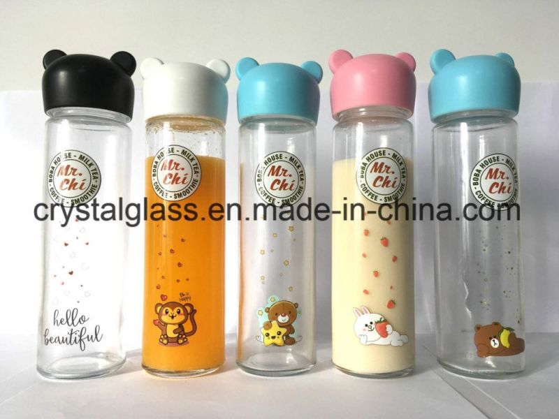 550ml Printing Round Beverage Glass Bottle with Color Bear Plastic Cap 18oz