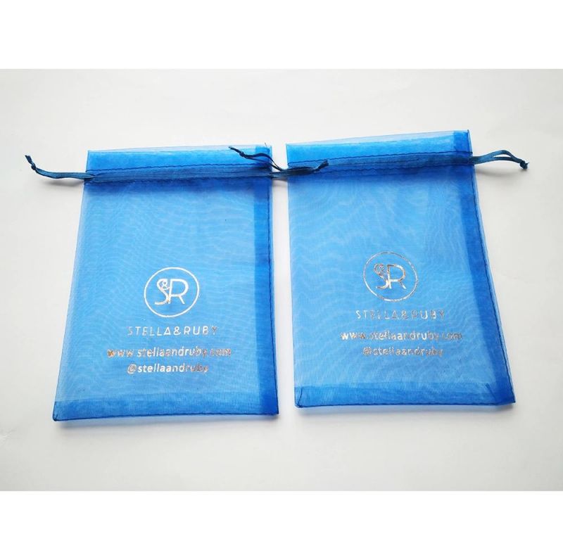 Promotional Exquisite Sheer Blue Organza Drawstring Bag for Jewelry Packaging
