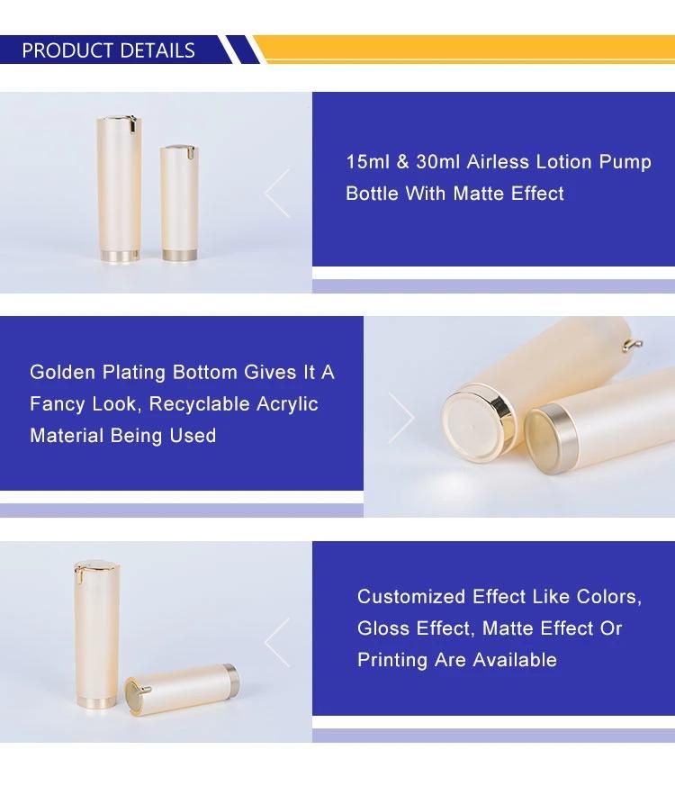 China Manufacturer Cosmetic Golden Plating Bottom Packaging Acrylic Airless Pump Bottle