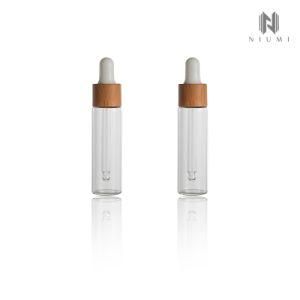 20ml Glass Tube Bottle Tall Slim Flat Shoulder Clear Glass Essential Oil Dropper Serum Bottle with Wooden Color Cap