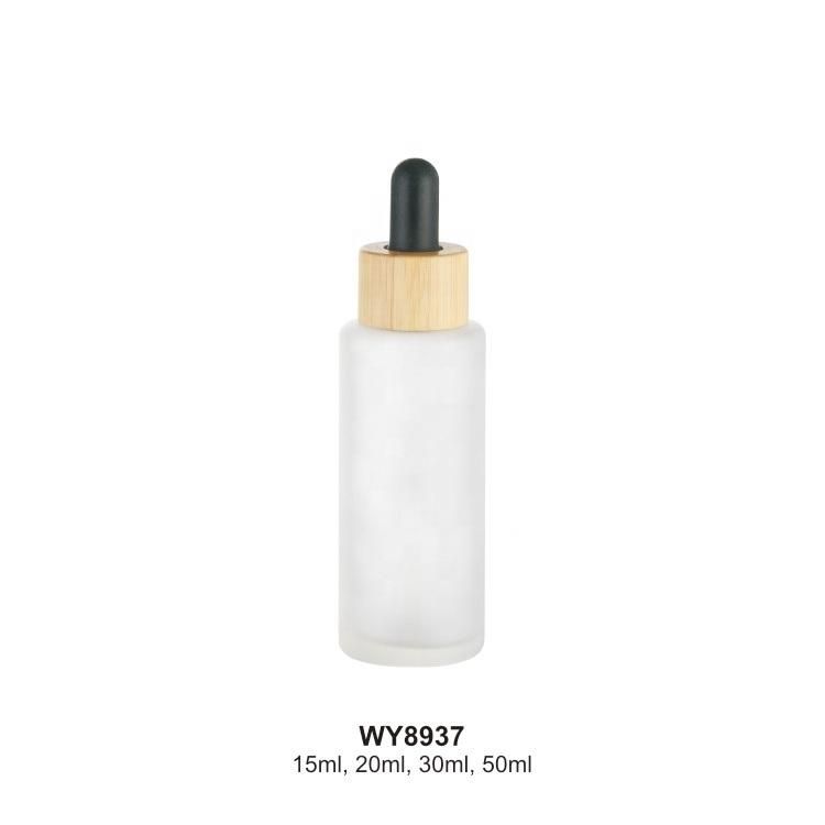 Winpack High Quality Glass Frost Dropper Bottles Unique with Wood Color Collar Frosted Glass Round Cosmetic Serum Bottle with Bamboo Dropper Water Transfer